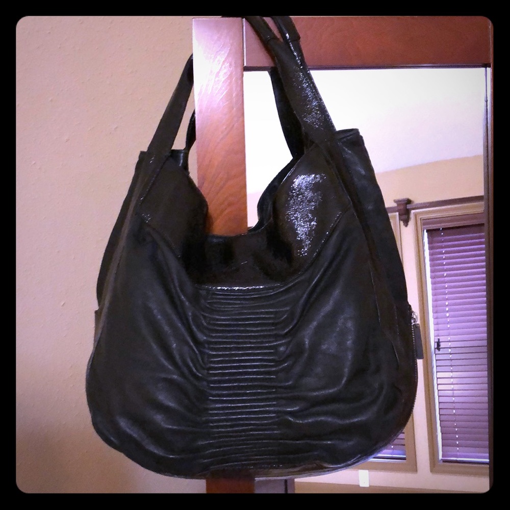 Black Leather Slouchy Bag/Tote with Patent Trim